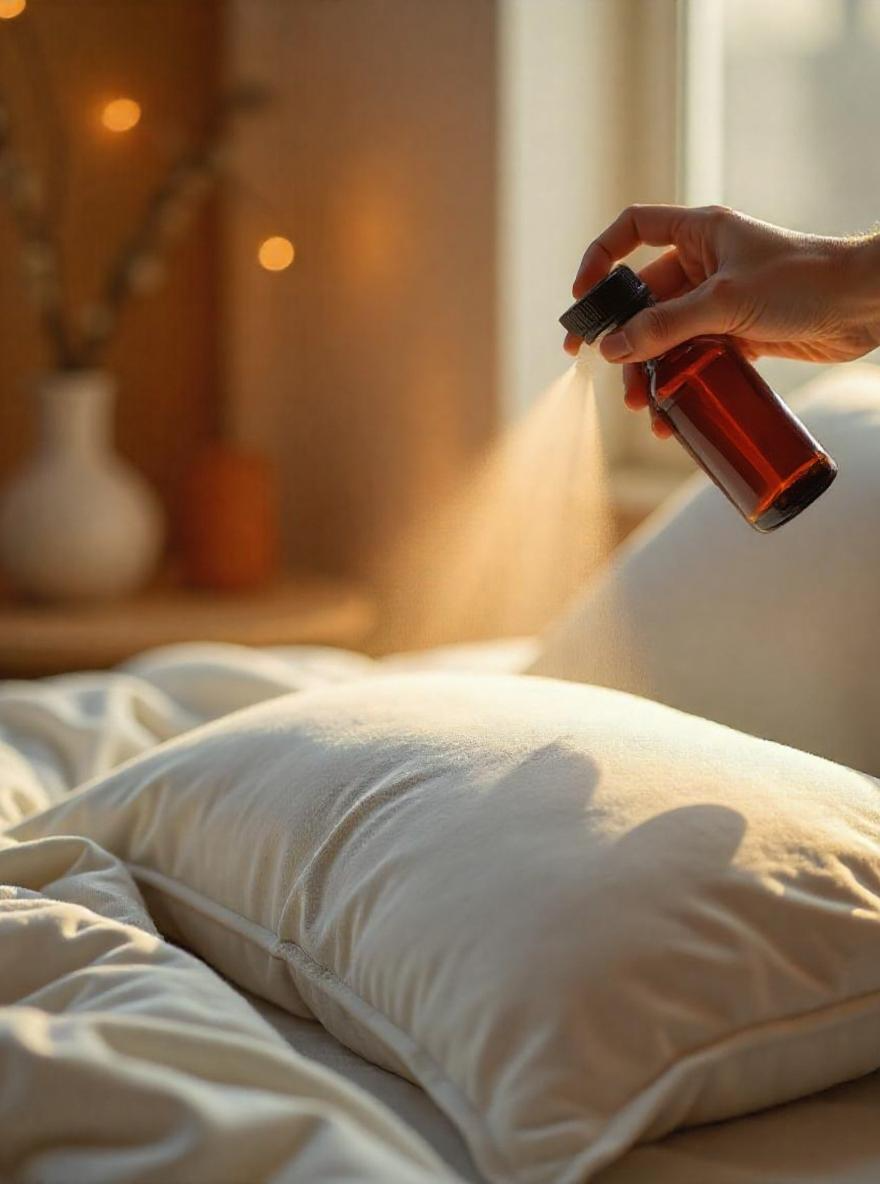 A hand misting a soft cream pillow with a Tsema linen mist in warm afternoon light.